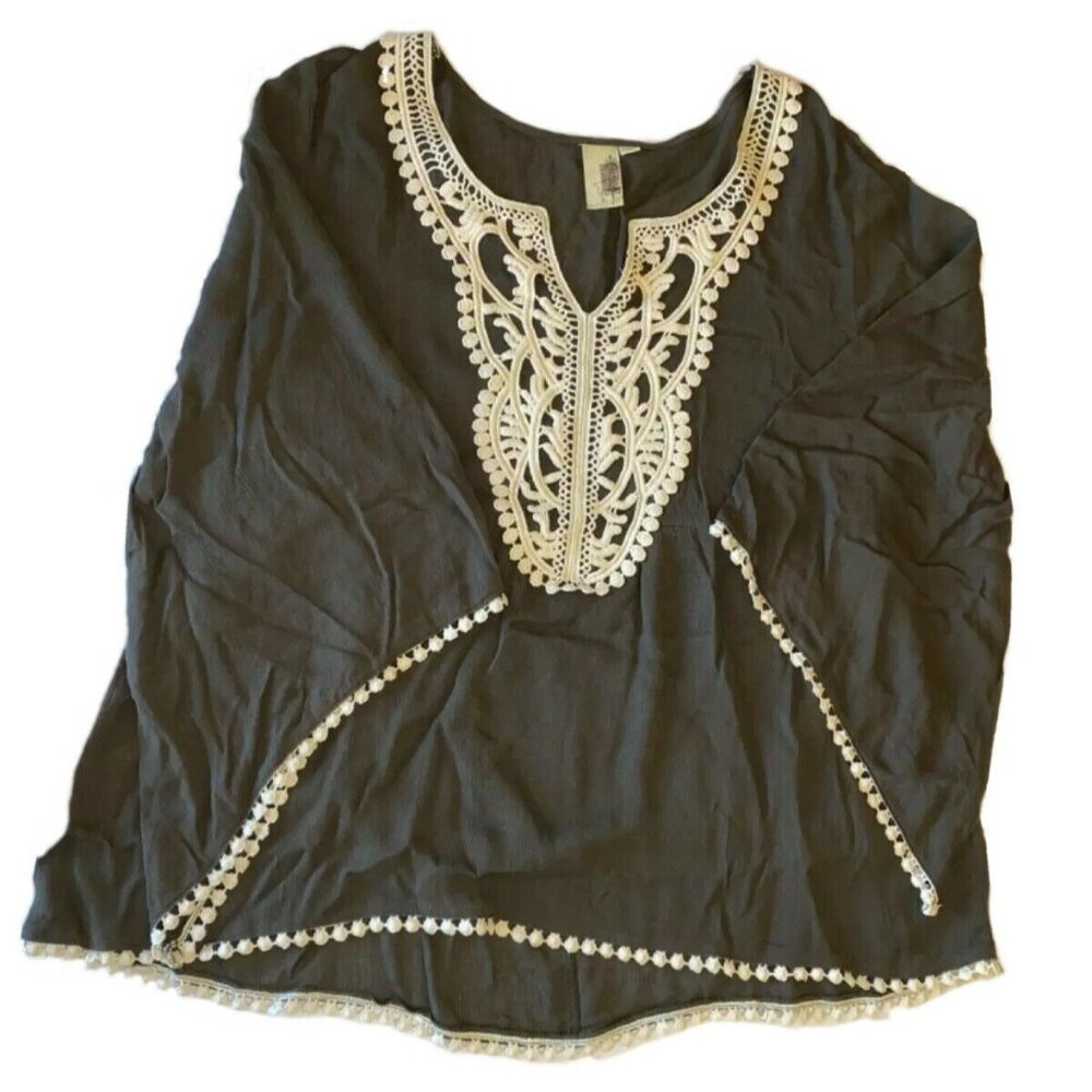 Gray Boho Tunic Blouse With Crochet Lace Detail & Bell Sleeves Small